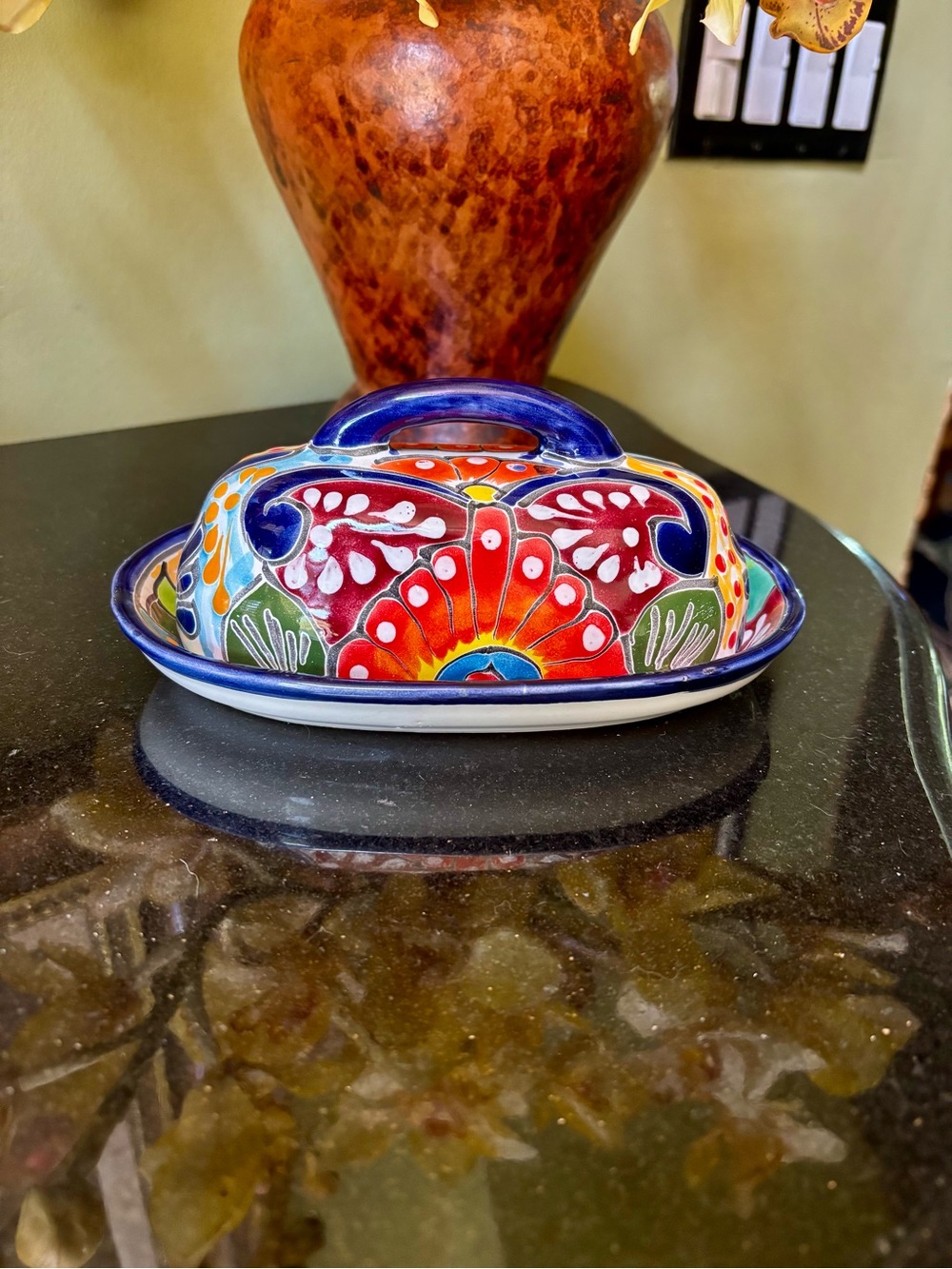 Like New Hand-Painted Mexican Talavera Pottery Covered Butter Dish 7.5” x 5”